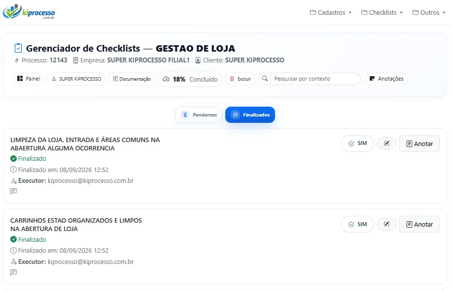 Gerenciador de checklists do KiProcesso com itens de limpeza da loja finalizados e executor identificado