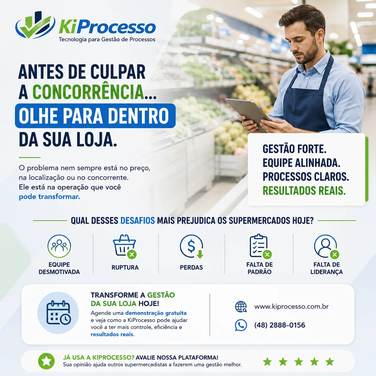Infográfico KiProcesso sobre gestão da operação, perdas e produtividade no supermercado
